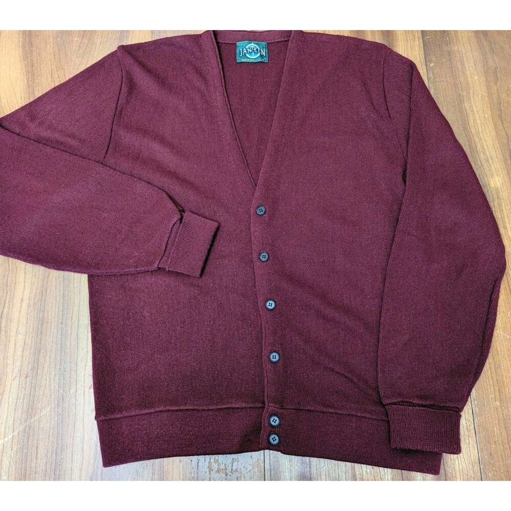 Vintage Jantzen Sweater Mens L Button Up Cardigan Cobain 80s Burgundy V-Neck